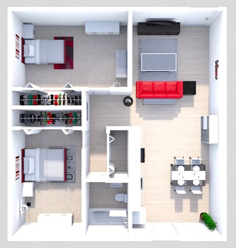 a 3d rendering of a bedroom floor plan with a living room and a kitchen
